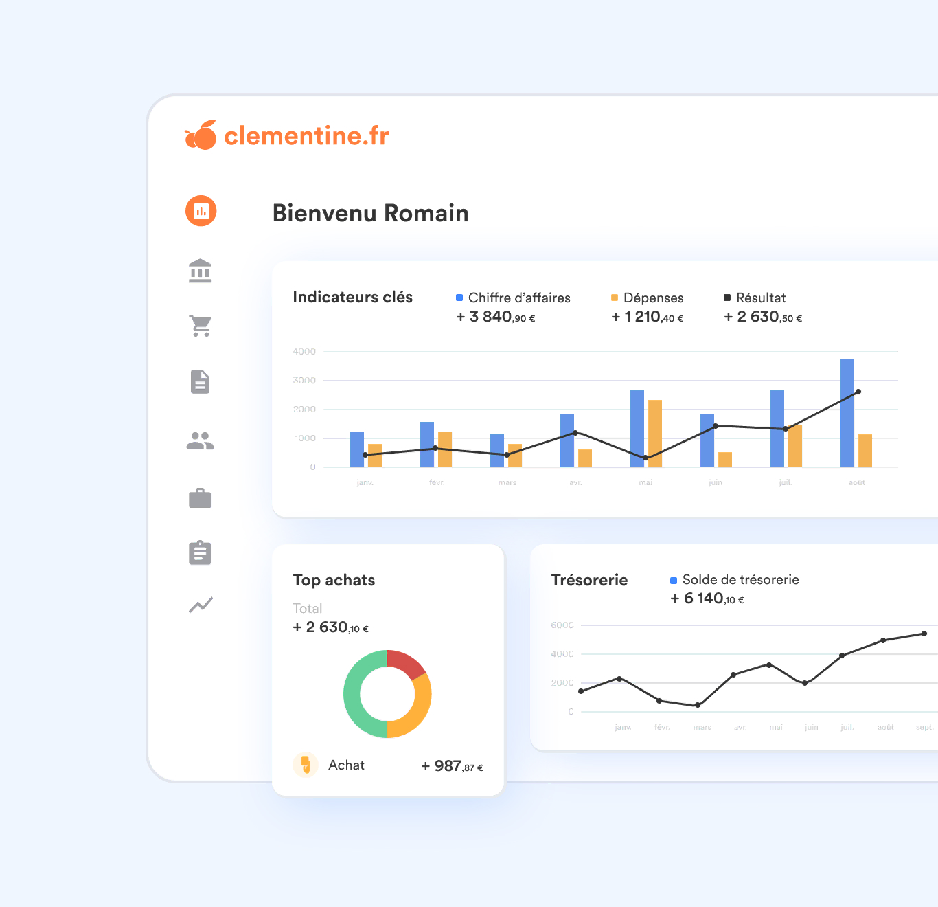 Visuel de l'application web montrant les graphiques principaux de suivi de l'activité d'une entreprise