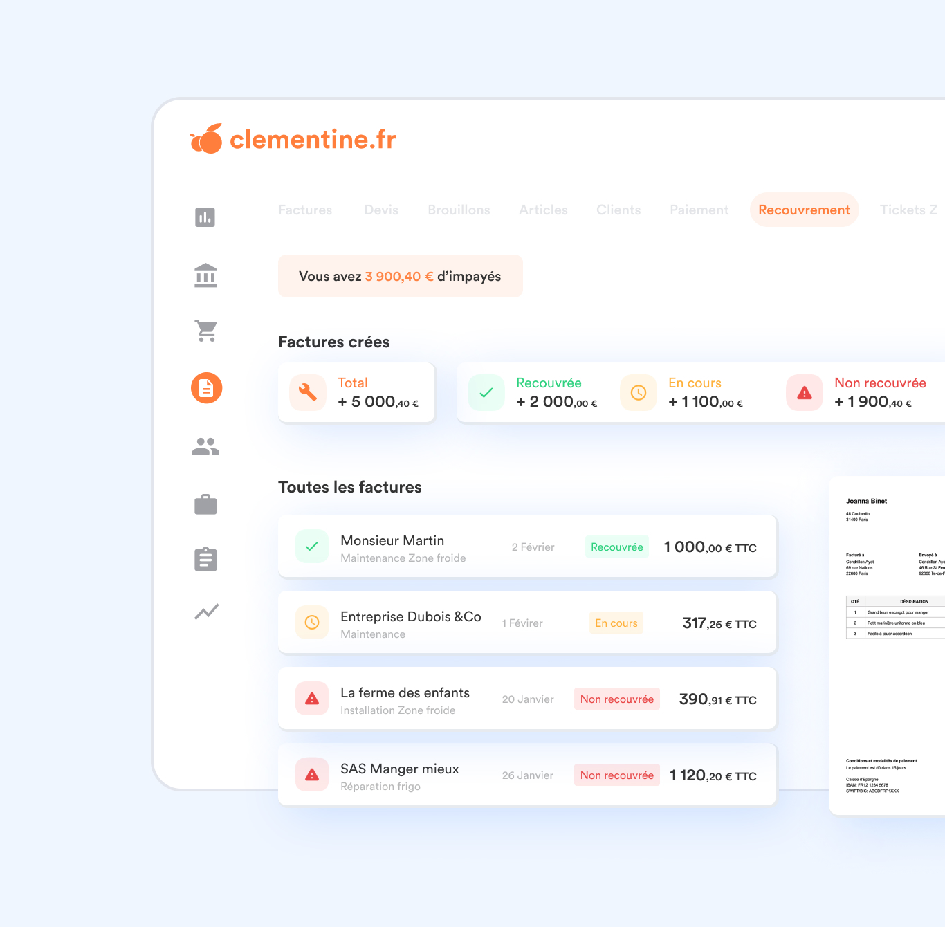 Visuel de l'application web montrant le suivi de factures impayées d'une entreprise
